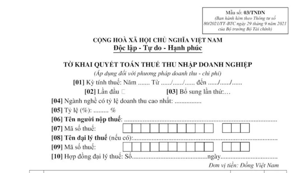 Giảm Rủi Ro Với Dịch Vụ Quyết Toán Thuế TNDN Cuối Năm 2025 - Mẫu tờ khai quyết toán thuế TNDN 03/TNDN