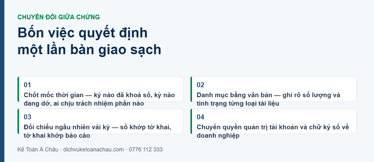 Bốn việc quyết định một lần bàn giao sổ sách kế toán sạch: chốt mốc thời gian và trách nhiệm, danh mục bằng văn bản, đối chiếu ngẫu nhiên vài kỳ, và chuyển quyền quản trị tài khoản