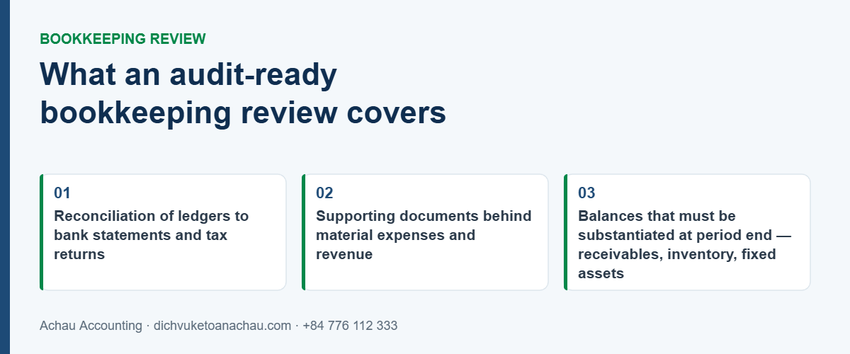 Accounting Bookkeeping Review in Vietnam: Is Your Company Audit-Ready? 1 What an audit-ready bookkeeping review in Vietnam covers: reconciliation to bank statements and tax returns, supporting documents behind material items, and substantiation of period-end balances