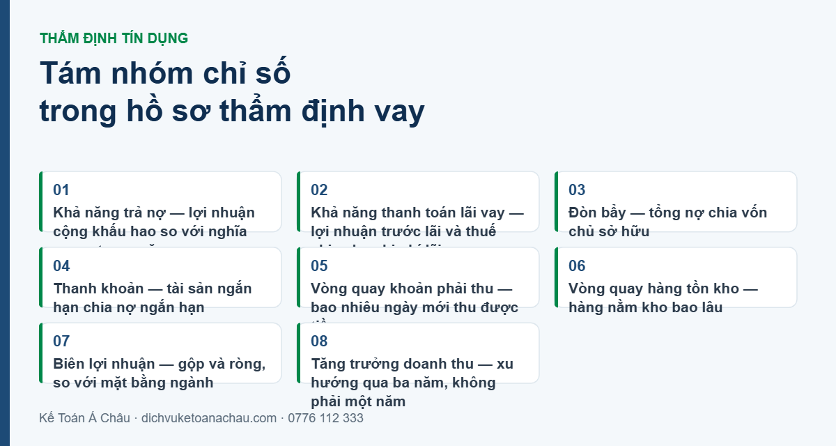 Tám nhóm chỉ số tài chính ngân hàng dùng khi thẩm định khoản vay doanh nghiệp: khả năng trả nợ, khả năng thanh toán lãi vay, đòn bẩy, thanh khoản, vòng quay khoản phải thu, vòng quay hàng tồn kho, biên lợi nhuận và tăng trưởng doanh thu