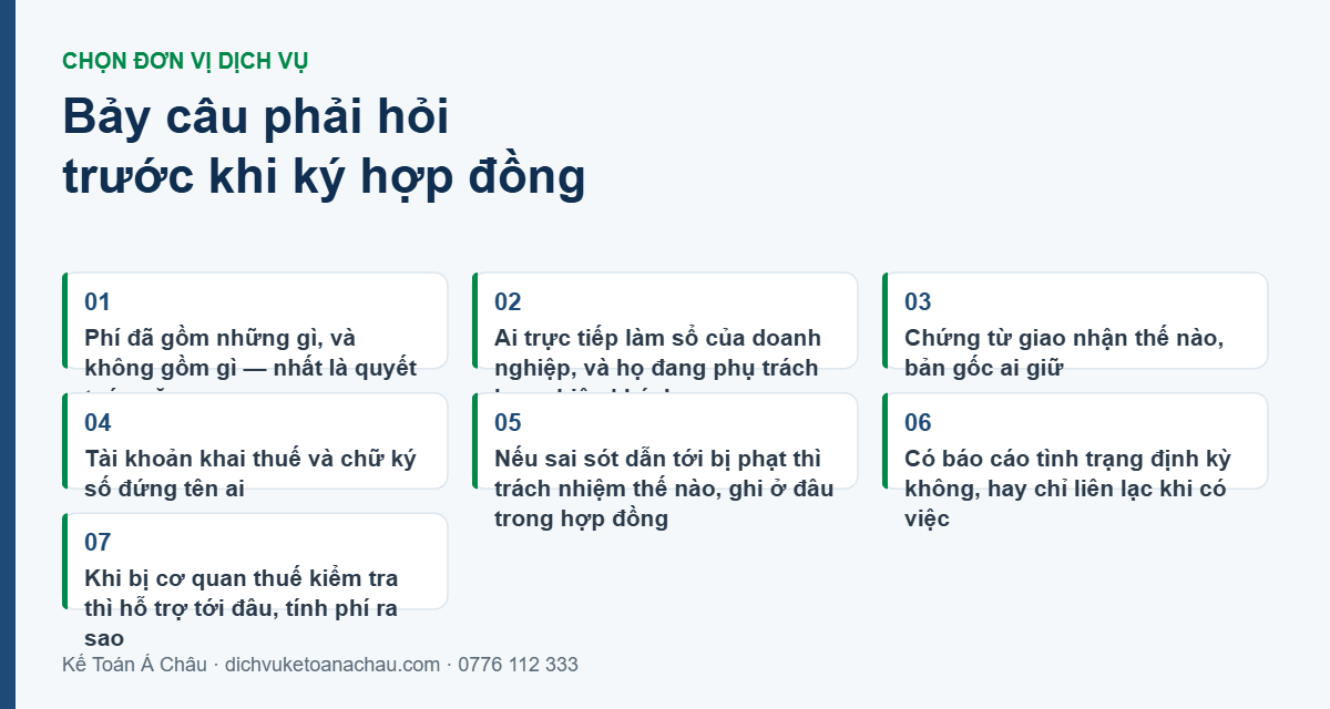 Bảy câu hỏi cần đặt trước khi ký hợp đồng với công ty dịch vụ kế toán: phạm vi phí, người trực tiếp làm, cách giao nhận chứng từ, tài khoản khai thuế, trách nhiệm khi sai sót, báo cáo định kỳ và hỗ trợ khi bị kiểm tra