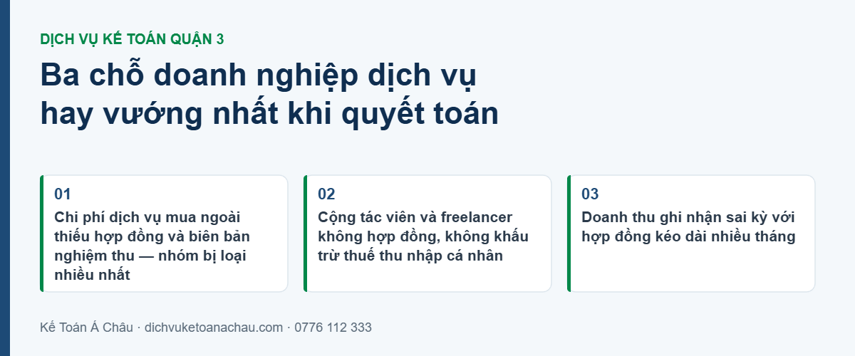 Ba chỗ doanh nghiệp dịch vụ ở Quận 3 hay vướng khi quyết toán thuế: chi phí dịch vụ mua ngoài thiếu hồ sơ, cộng tác viên không hợp đồng, và doanh thu ghi nhận sai kỳ