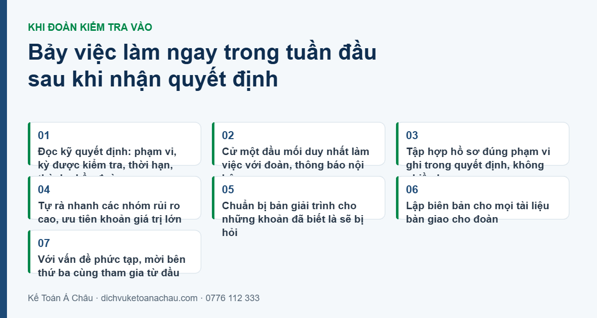 Bảy việc doanh nghiệp cần làm ngay trong tuần đầu sau khi nhận quyết định kiểm tra thuế: đọc kỹ phạm vi, cử đầu mối, tập hợp hồ sơ, tự rà rủi ro, chuẩn bị giải trình, lập biên bản bàn giao và mời bên thứ ba