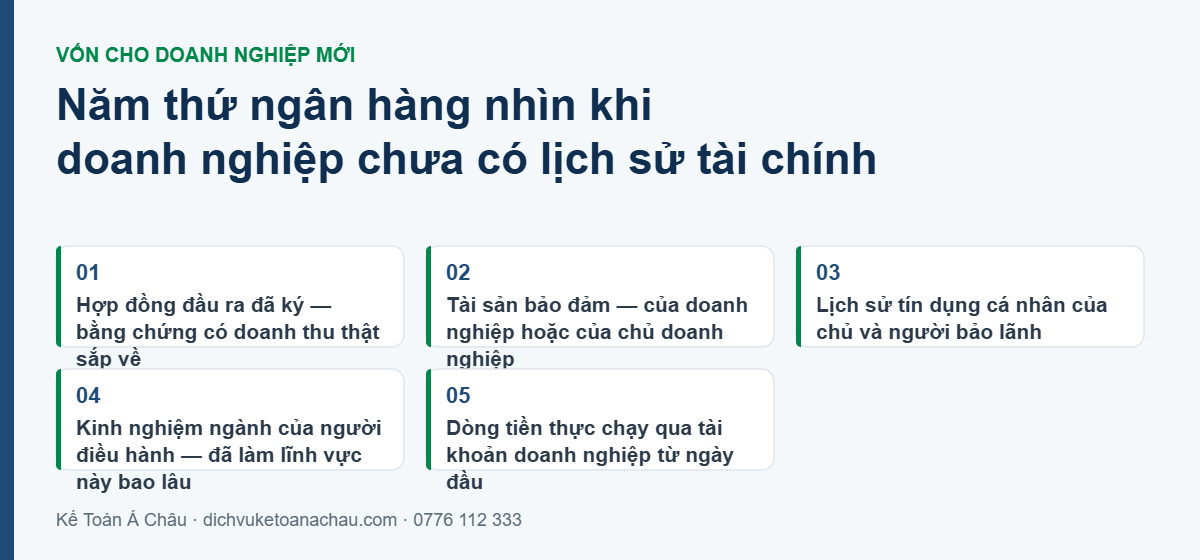 Năm yếu tố ngân hàng nhìn khi doanh nghiệp mới thành lập chưa có lịch sử tài chính: hợp đồng đầu ra đã ký, tài sản bảo đảm, lịch sử tín dụng cá nhân của chủ, kinh nghiệm ngành và dòng tiền qua tài khoản doanh nghiệp