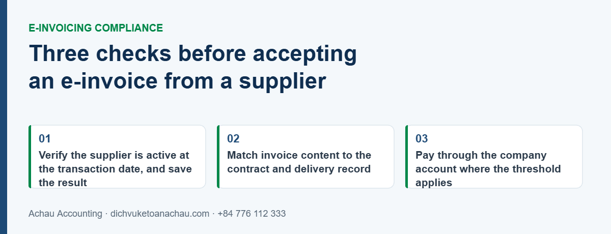 Three checks before accepting an e-invoice from a supplier in Vietnam: verify the supplier is active at the transaction date, match invoice content to contract and delivery, and pay through the company account