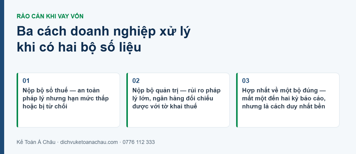 Hai hệ thống sổ sách — rào cản lớn nhất khi doanh nghiệp đi vay 2 Ba cách doanh nghiệp xử lý khi có hai hệ thống sổ sách lúc đi vay ngân hàng: nộp bộ sổ thuế, nộp bộ quản trị, hoặc hợp nhất về một bộ số liệu đúng