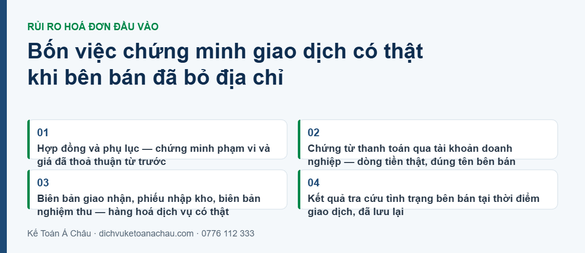 Bốn nhóm hồ sơ giúp chứng minh giao dịch có thật khi bên bán đã bỏ địa chỉ kinh doanh: hợp đồng, chứng từ thanh toán qua tài khoản doanh nghiệp, biên bản giao nhận và kết quả tra cứu tình trạng bên bán