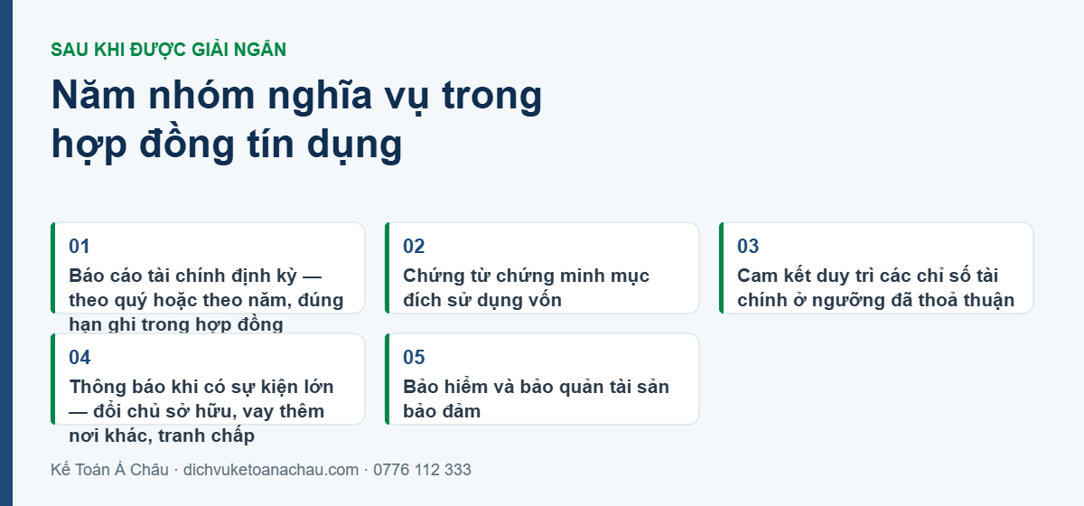 Năm nhóm nghĩa vụ của doanh nghiệp trong hợp đồng tín dụng sau khi được giải ngân: báo cáo tài chính định kỳ, chứng từ mục đích sử dụng vốn, duy trì chỉ số tài chính, thông báo sự kiện lớn và bảo hiểm tài sản bảo đảm