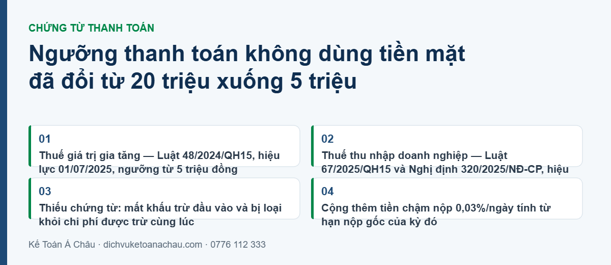 Ngưỡng chứng từ thanh toán không dùng tiền mặt đã đổi từ 20 triệu đồng xuống từ 5 triệu đồng theo Luật 48/2024/QH15 hiệu lực 01/07/2025 và Luật 67/2025/QH15 hiệu lực 15/12/2025