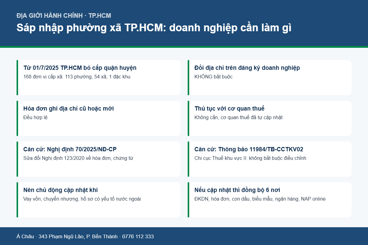 Sáp nhập phường xã TP.HCM: doanh nghiệp có phải đổi địa chỉ trên giấy phép và hóa đơn không? 2 Bảng tóm tắt nghĩa vụ của doanh nghiệp về địa chỉ trên giấy phép và hóa đơn sau sáp nhập phường xã TP.HCM