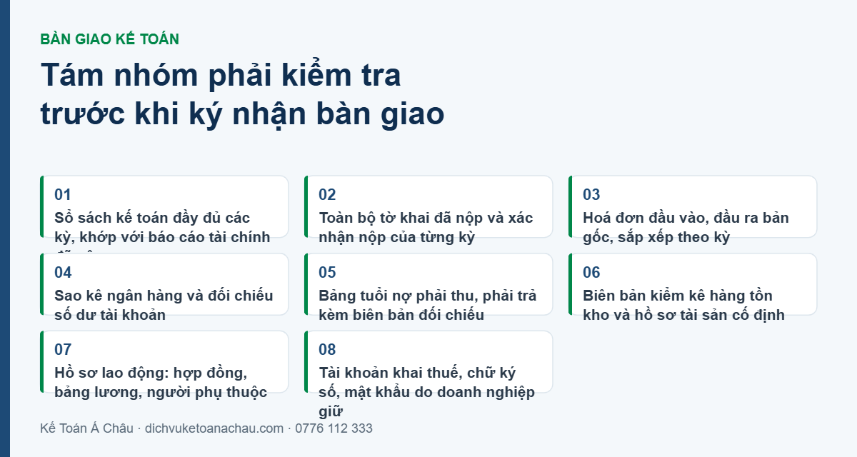 Tám nhóm hồ sơ phải kiểm tra trước khi ký nhận bàn giao khi thay kế toán: sổ sách, tờ khai đã nộp, hoá đơn gốc, sao kê ngân hàng, bảng tuổi nợ, kiểm kê tồn kho và tài sản, hồ sơ lao động, tài khoản khai thuế và chữ ký số