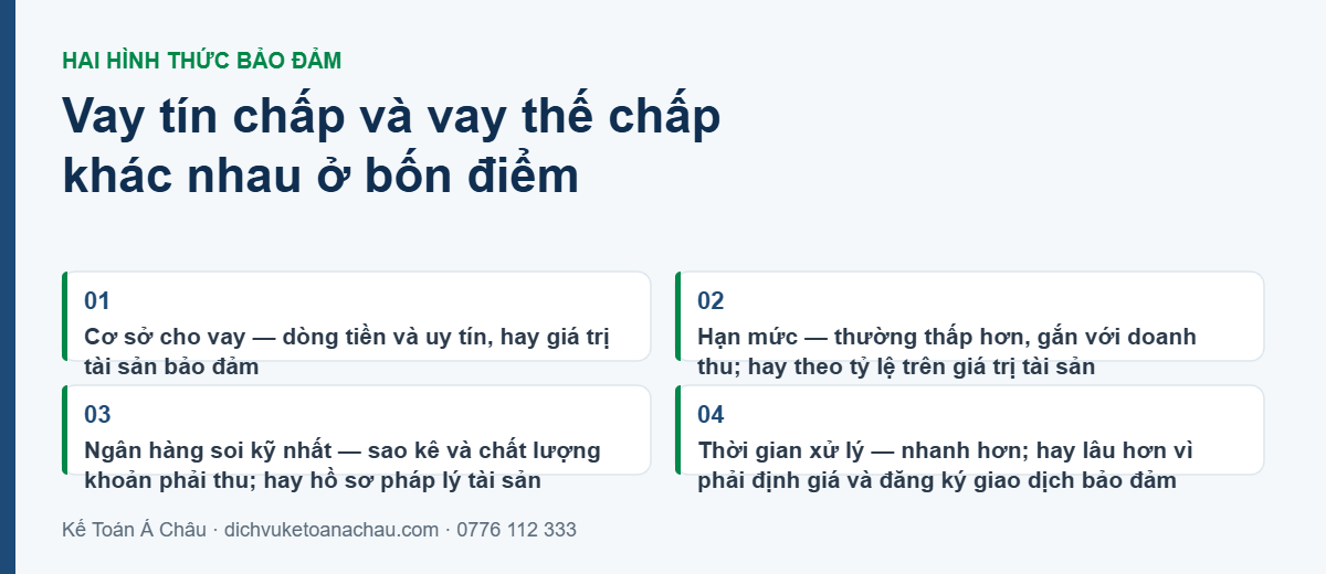 Bốn điểm khác nhau giữa vay tín chấp và vay thế chấp cho doanh nghiệp: cơ sở cho vay, hạn mức, điều ngân hàng soi kỹ nhất và thời gian xử lý